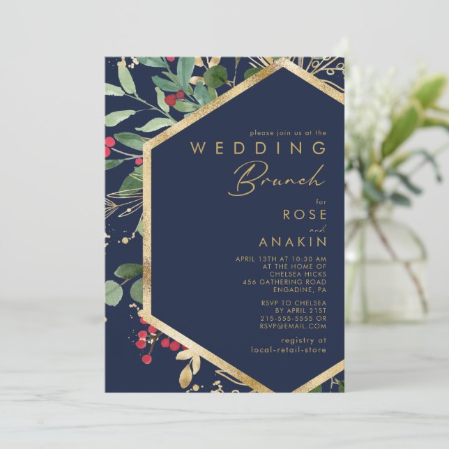 Modern Christmas Greenery | Navy Wedding Brunch Invitation (Standing Front)