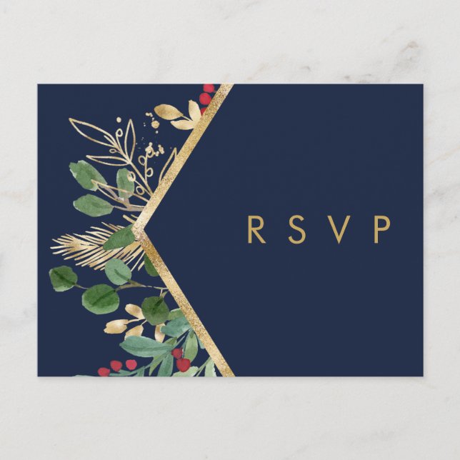 Modern Christmas Greenery | Navy Wedding RSVP Post Postcard (Front)