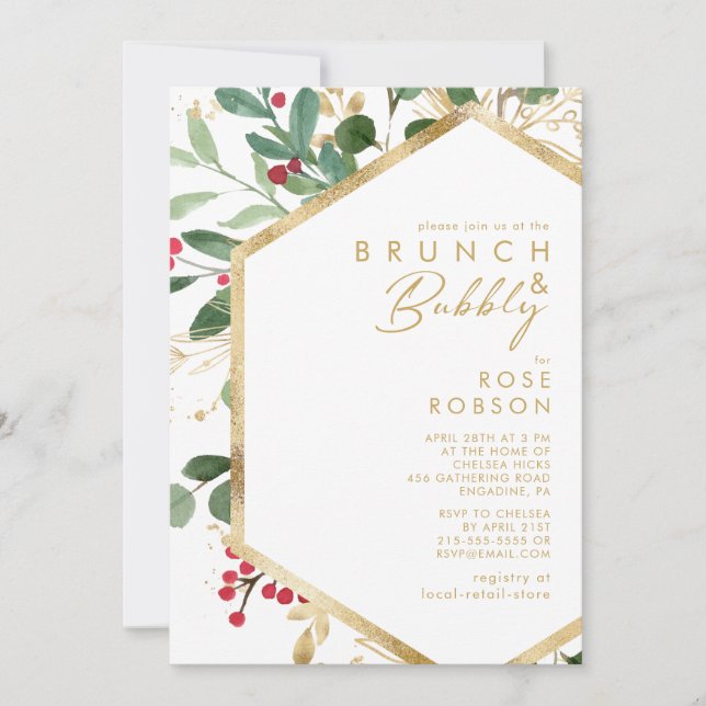 Modern Christmas Greenery White Brunch and Bubbly Invitation (Front)