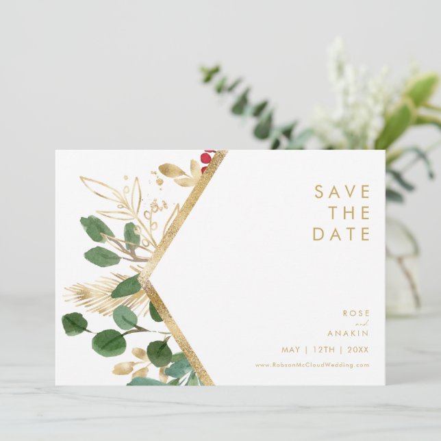 Modern Christmas Greenery | White Horizontal Save The Date (Standing Front)