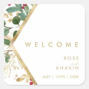 Modern Christmas Greenery   White Wedding Welcome Square Sticker
