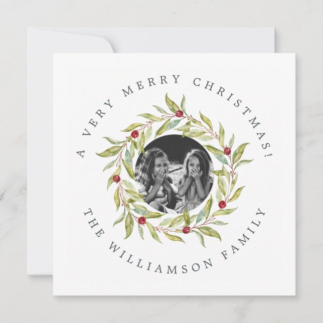 Modern Christmas Greenery Wreath Berries Photo Holiday Card (Front)