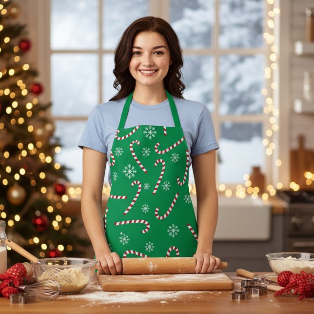 Modern Christmas Holiday Candy Cane Snow Pattern Apron (Creator Uploaded)
