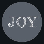 Modern Christmas Holiday Joy  Dark blue Classic Round Sticker<br><div class="desc">Modern Christmas sticker with th etext JOY in white elegant script typography on a dark blue background. Exclusively designed for you by Happy Dolphin Studio. If you need any help or matching products please contact us via our store chat!</div>