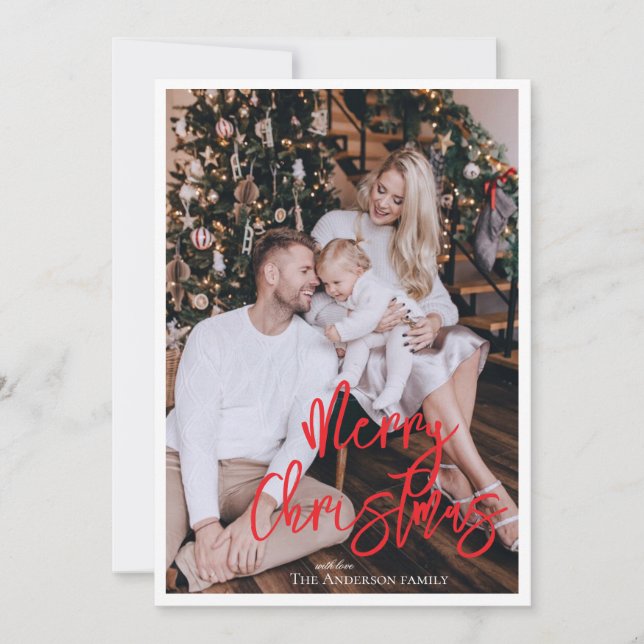Modern Christmas Holiday Red Script with Photo Invitation (Front)