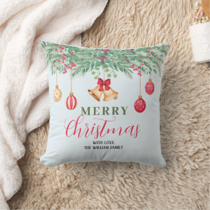 Modern Christmas Holly And Red Berries Throw Pillow