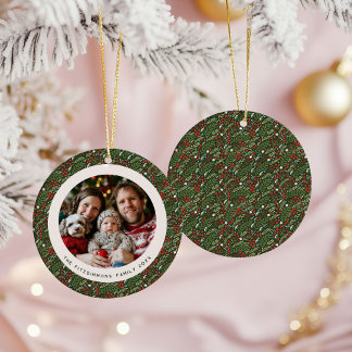 Modern Christmas Holly Foliage Family Photo Ceramic Ornament