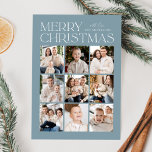 Modern Christmas Icy Blue 9 Photo Collage Holiday Card<br><div class="desc">Modern Christmas photo card featuring "Merry Christmas" displayed at the top of the design in trendy white lettering with an icty blue background. A photo collage of 9 photos is shown below in a grid-style layout. Personalize the multi-photo Christmas card with your family name. The card reverses to display a...</div>