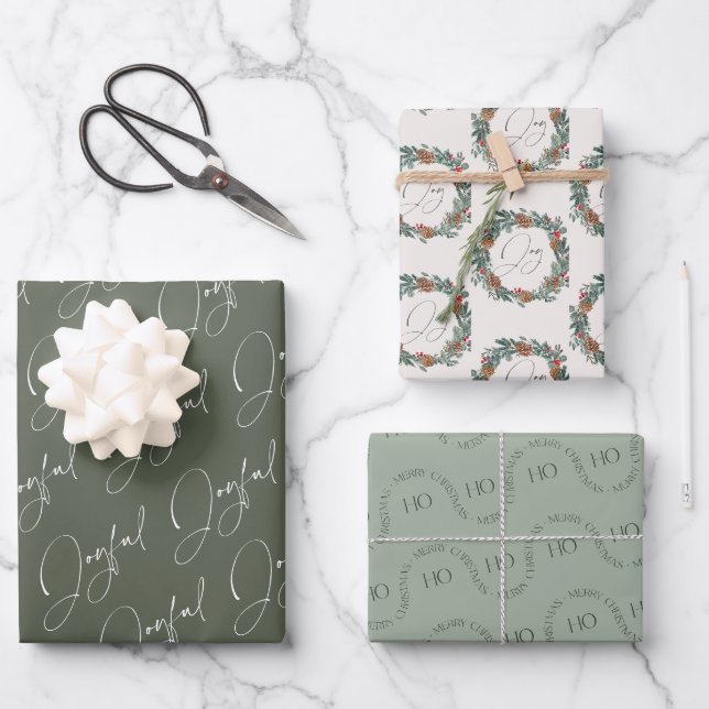 Modern Christmas Joyful Green Wreath Wrapping Paper Sheet (Front)