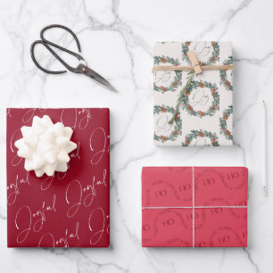 Modern Christmas Joyful Red Wreath Wrapping Paper Sheet