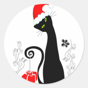 Modern Christmas Kitty Classic Round Sticker