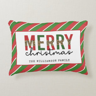 Modern Christmas Leopard Print Red Green Stripes Accent Pillow