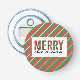 Modern Christmas Leopard Print Red Green Stripes Bottle Opener