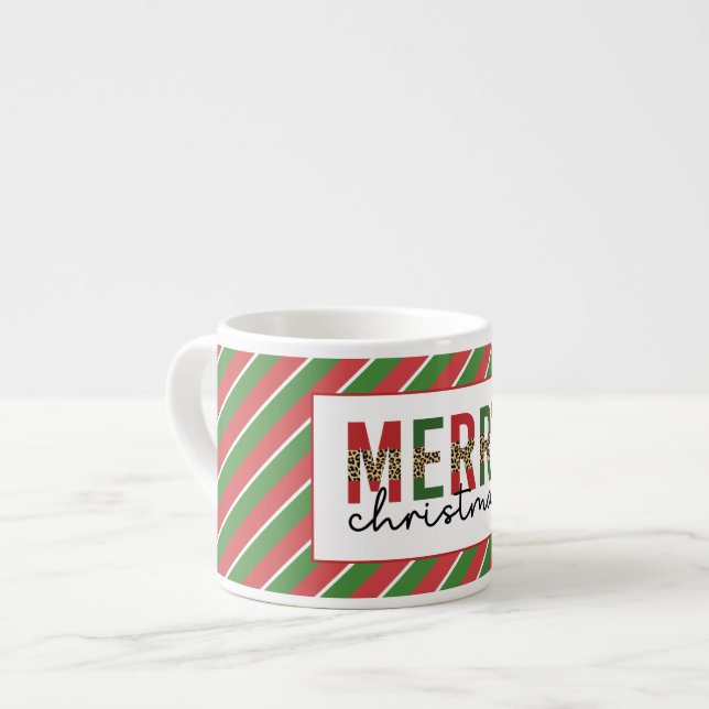 Modern Christmas Leopard Print Red Green Stripes Espresso Cup (Front Left)