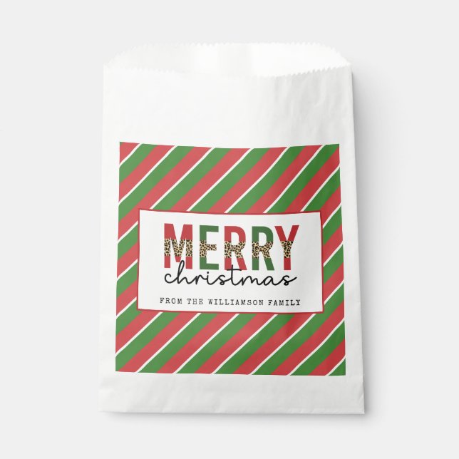 Modern Christmas Leopard Print Red Green Stripes Favour Bag (Front)