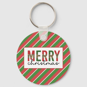 Modern Christmas Leopard Print Red Green Stripes Keychain