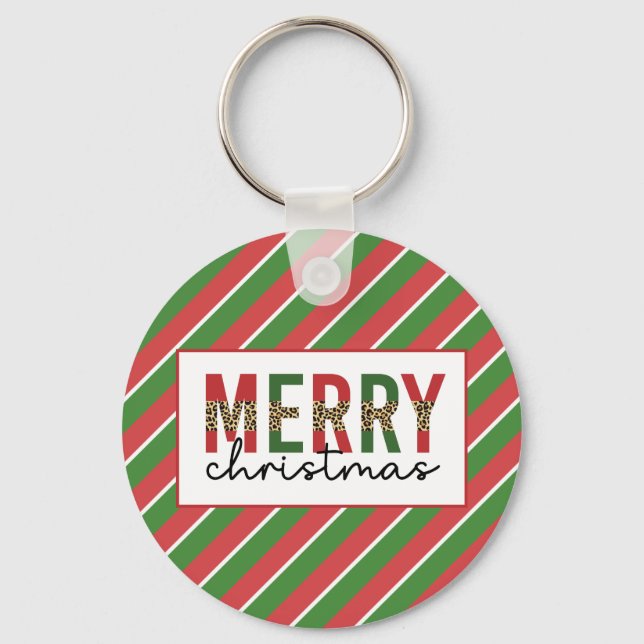 Modern Christmas Leopard Print Red Green Stripes Keychain (Front)