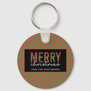 Modern Christmas Leopard Print Red Green Stripes Keychain