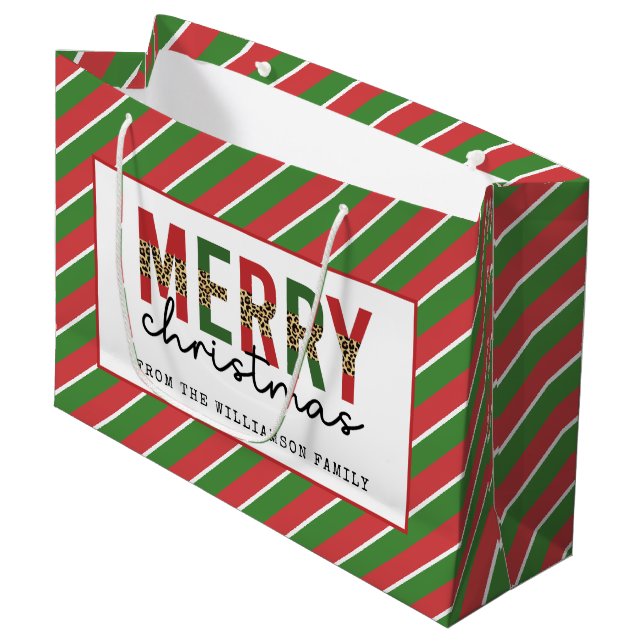 Modern Christmas Leopard Print Red Green Stripes Large Gift Bag (Front Angled)