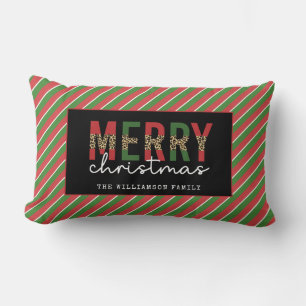 Modern Christmas Leopard Print Red Green Stripes Lumbar Pillow