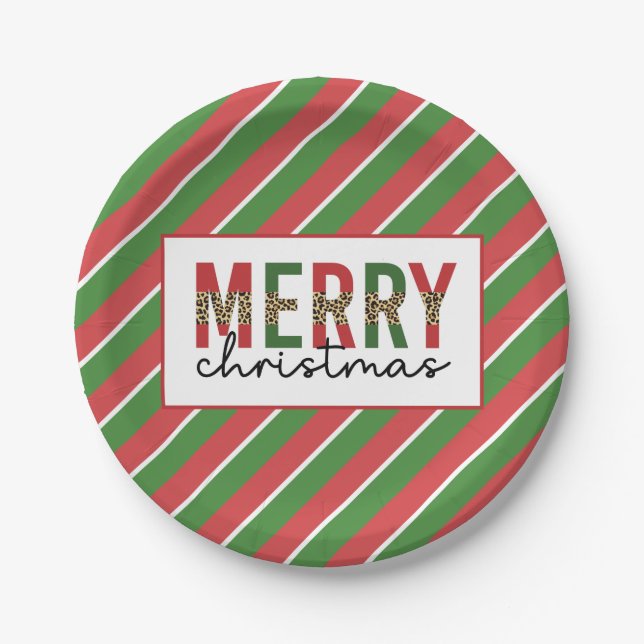 Modern Christmas Leopard Print Red Green Stripes Paper Plate (Front)