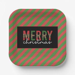 Modern Christmas Leopard Print Red Green Stripes Paper Plate