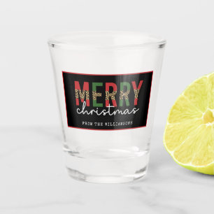 Modern Christmas Leopard Print Red Green Stripes Shot Glass