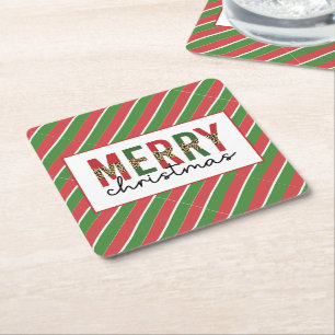 Modern Christmas Leopard Print Red Green Stripes Square Paper Coaster