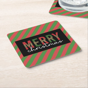 Modern Christmas Leopard Print Red Green Stripes Square Paper Coaster