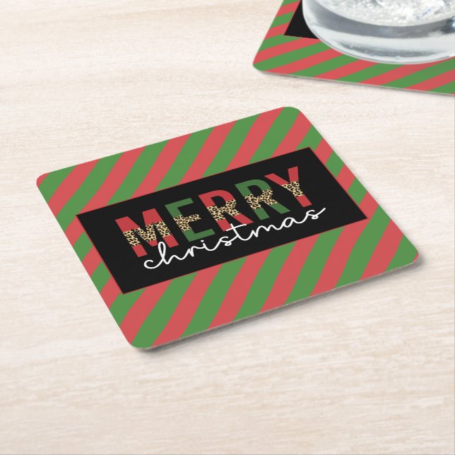 Modern Christmas Leopard Print Red Green Stripes Square Paper Coaster (Angled)
