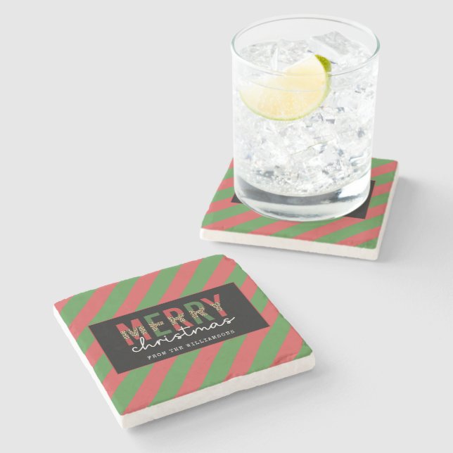 Modern Christmas Leopard Print Red Green Stripes Stone Coaster (Side)