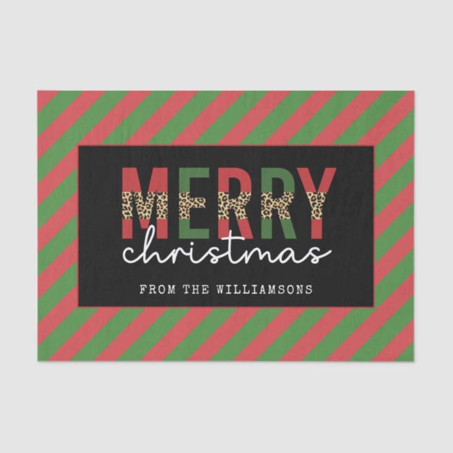 Modern Christmas Leopard Print Red Green Stripes Tissue Paper (Front)