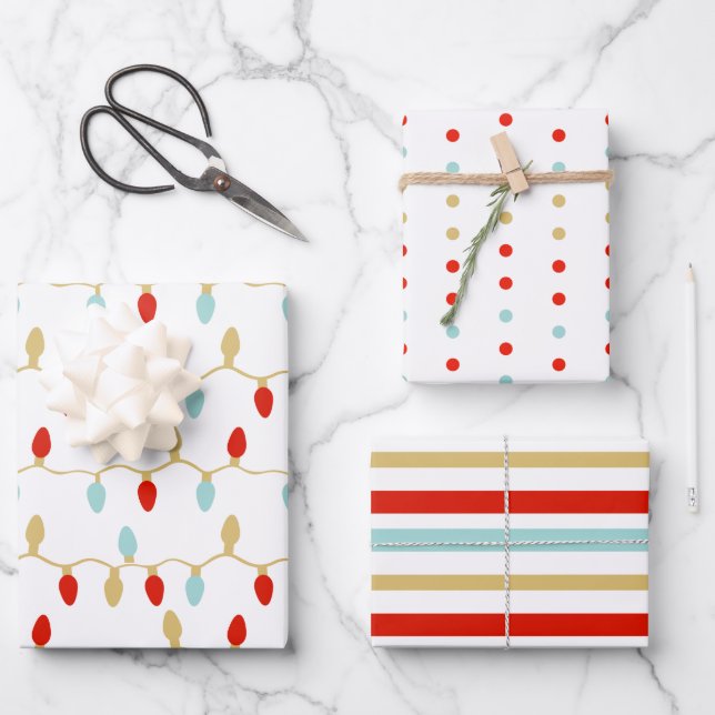 Modern Christmas Lights Polka Dots & Stripes Wrapping Paper Sheet (Front)