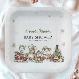 Modern Christmas Lights Puppy Baby Shower Paper Plate