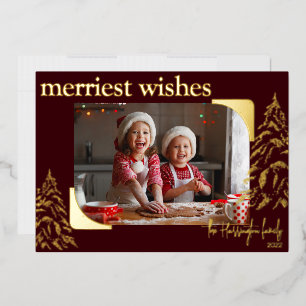 Modern Christmas Merriest Wishes   Photo Metallic Foil Holiday Card