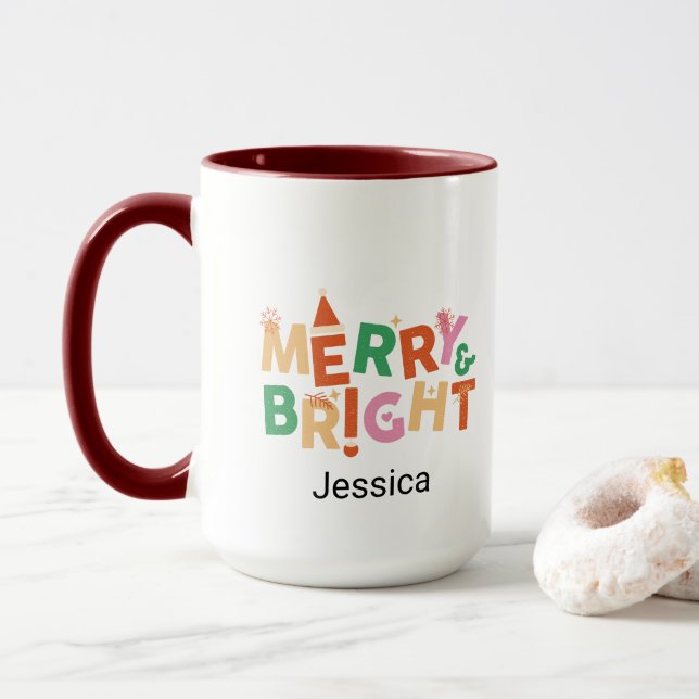 Modern Christmas Merry and Bright Colourful Name  Mug (With Donut)