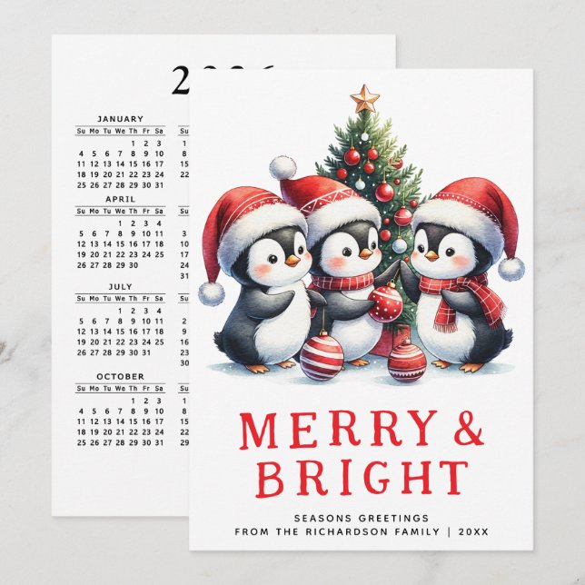 Modern Christmas Merry and Bright Cute Penguins Holiday Card (Front/Back)