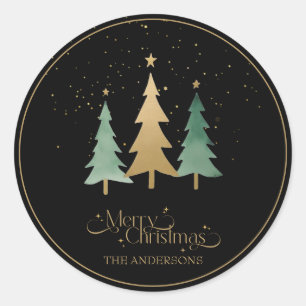 Modern Christmas Minimalist Pine Trees Black Classic Round Sticker