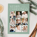 Modern Christmas Mint 9 Photo Collage Holiday Card<br><div class="desc">Modern Christmas photo card featuring "Merry Christmas" displayed at the top of the design in trendy white lettering with a mint background. A photo collage of 9 photos is shown below in a grid-style layout. Personalize the multi-photo Christmas card with your family name. The card reverses to display a mint...</div>