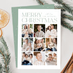 Modern Christmas Mint Green 9 Photo Collage Holiday Card<br><div class="desc">Modern Christmas photo card featuring "Merry Christmas" displayed at the top of the design in trendy mint lettering with a white background. A photo collage of 9 photos is shown below in a grid-style layout. Personalize the multi-photo Christmas card with your family name. The card reverses to display a mint...</div>