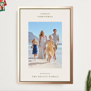 Modern Christmas Moss Green Photo Frame Rose Gold Foil Holiday Card
