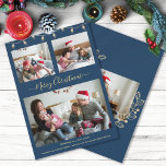 Modern Christmas Navy Blue Gold Collage Photo  Holiday Card<br><div class="desc">Elegant modern Christmas navy blue and gold greeting holiday card with elegant hand lettered typography Merry Christmas. This card includes 4 Photos collage to be replaced by your own ones. You can personalize this beautiful card with your family name and year. Faux gold Christmas lights, foil botanical leaves and trendy...</div>