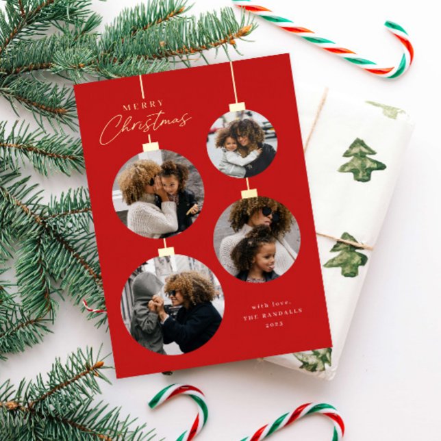 Modern Christmas Ornament 4 Photo Collage Foil Holiday Card (Modern Red Christmas Ornaments 4 Photo Holiday Foil Card.)