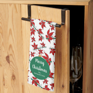 Modern Christmas ornament family name red floral Kitchen Towel
