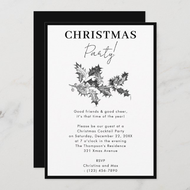 Modern Christmas Party Black White Holly Berries Invitation (Front/Back)