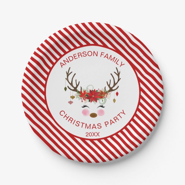 Modern Christmas Party Personalized Reindeer Paper Plate (Front)