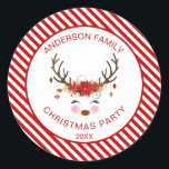 Modern Christmas Party Personalized Reindeer Seal<br><div class="desc">Modern Christmas Party Personalized Reindeer Candy Cane striped Party Envelope or Favour Goodie Bag Seal Sticker with Red and White Stripes and a cute Reindeer with Floral Antlers and Ornaments. The family name and date can be update on these customized Christmas Party Paper Sticker. Please contact the designer for additional...</div>