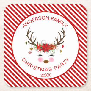 Modern Christmas Party Personalized Reindeer Square Paper Coaster
