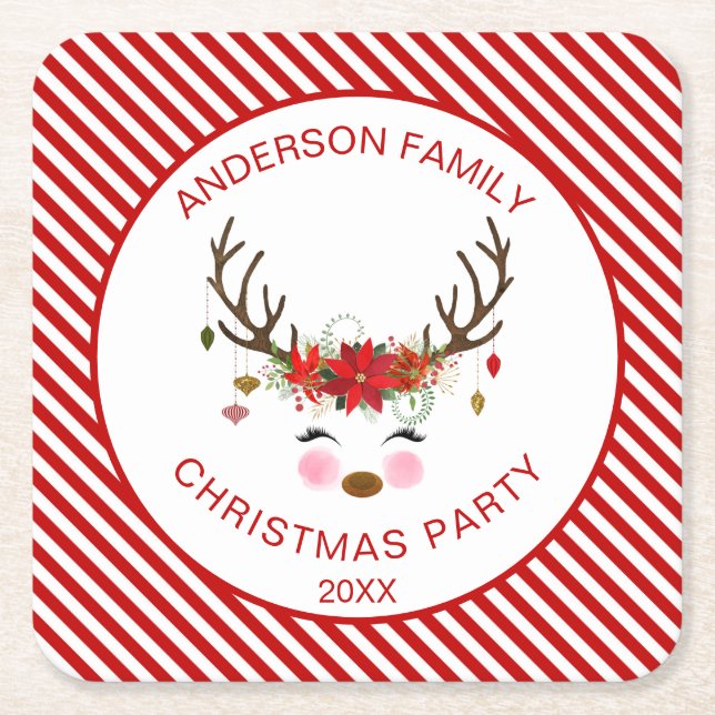 Modern Christmas Party Personalized Reindeer Square Paper Coaster (Front)