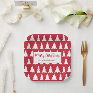 Modern Christmas Party Red White Tree Pattern Paper Plate